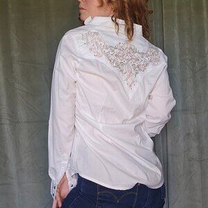 y2k Wrangler White, Turquiouse, Orange Western Yallternative Moto Button Down